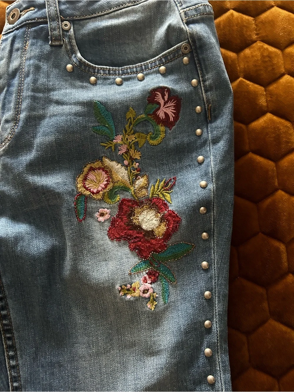 Reba Studded Blue Jeans with Floral Embroidery - Picture 5 of 7